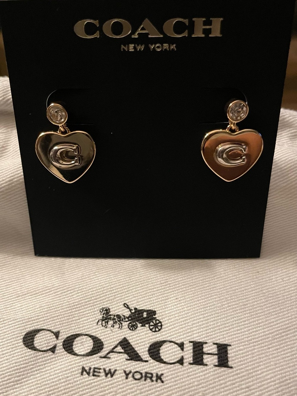 Coach Gold Heart C Logo Drop Earrings with Crystal Stud - Picture 2 of 3